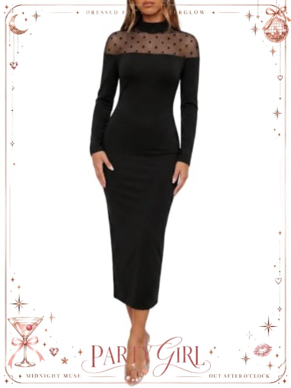 Flocked Polka Dot Mesh Mock Neck Long Sleeve Midi Dress